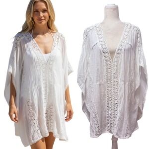 Womens L  Kaftan Swim Topper Cover Up White Crochet Lace Gauze Boho Resort Beach